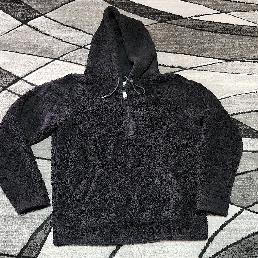 VS PINK 2019 BLACK QUARTER-ZIP PULL-OVER SHERPA HOODIE JACKET
